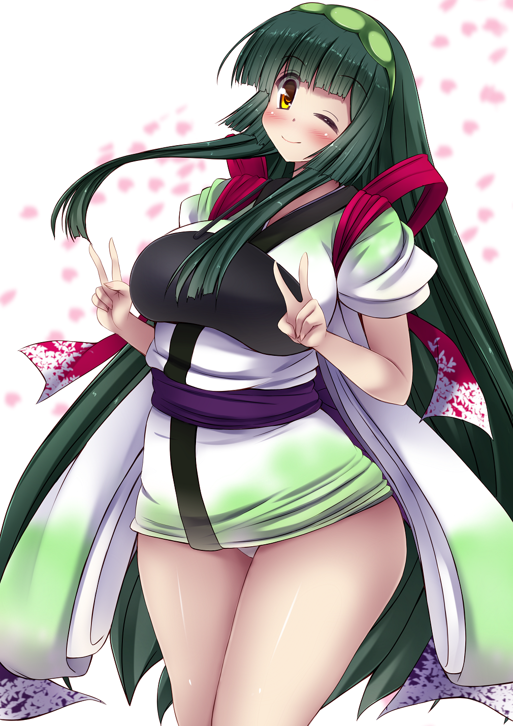 1girl blush breasts curvy double_v dress female green_hair hair_ornament hairband highres japanese_clothes large_breasts long_hair looking_at_viewer miniskirt orange_eyes panties pantyshot skirt smile solo standing touhoku_zunko underwear v very_long_hair vocaloid voiceroid white_background white_panties wide_hips wink yellow_eyes yuzumiya_mono