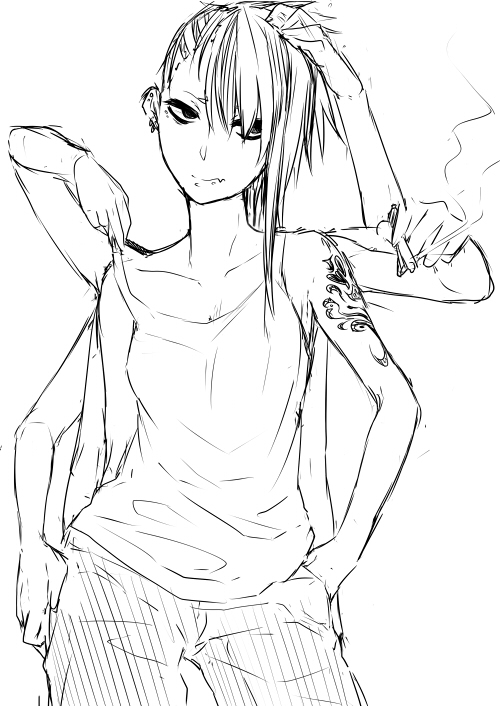 1girl cigarette extra_arms monochrome multi_limb multiple_arms plain_background punk regura sidecut smoking tagme tattoo