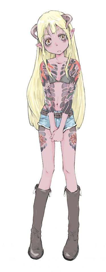1girl belt bikini_top blonde_hair boots breasts child denim_shorts full_body full_body_tattoo horns long_hair oni pointy_ears shorts small_breasts solo standing tattoo yellow_eyes