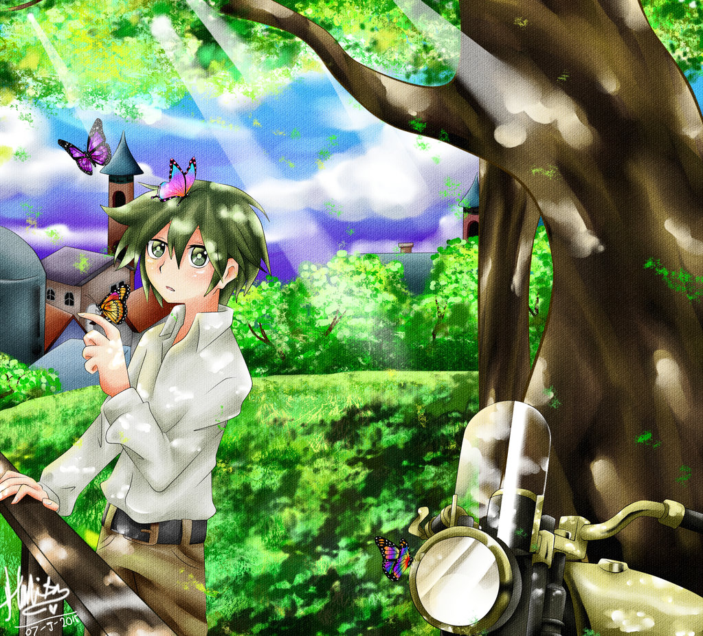 00s 1girl androgynous artist_request butterfly grass green_eyes green_hair ground_vehicle hermes kino kino_no_tabi matching_hair/eyes motor_vehicle motorcycle short_hair solo town trees vehicle wings