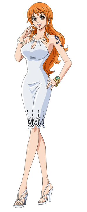 1girl bare_shoulders bead_bracelet beads bracelet breasts cleavage cleavage_cutout dress earrings female formal full_body hand_on_hip high_heel_sandals high_heels jewelry long_hair nami_(one_piece) no_socks official_art one_piece open_mouth orange_hair sandals shoulder_tattoo simple_background sleeveless sleeveless_dress slender_waist solo standing tattoo white_background