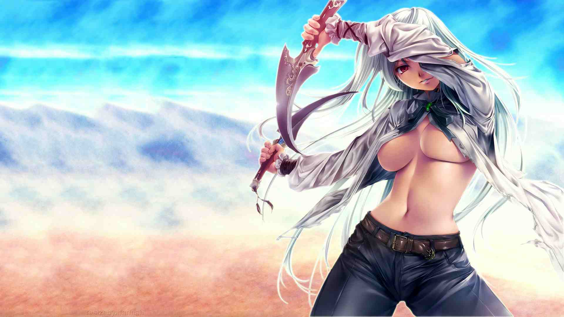1girl belt breasts dagger denim dual_wielding jeans knife large_breasts long_hair looking_at_viewer navel no_bra open_clothes open_shirt original pants parted_lips red_eyes rezi shirt silver_hair solo standing tan under_boob weapon white_hair