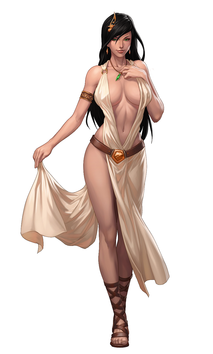 1girl bare_shoulders black_hair breasts dress erect_nipples fantasy full_body green_eyes large_breasts long_hair looking_at_viewer robes smile solo standing