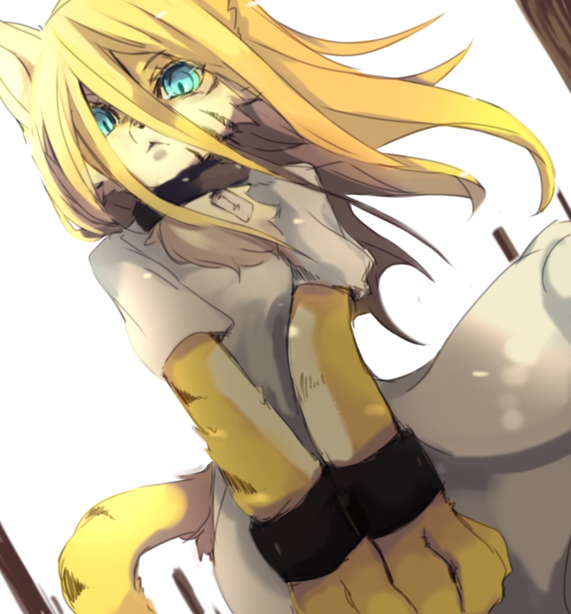 1girl blonde_hair blue_eyes caged cat female furry inumimi-syndrome long_hair solo white_background