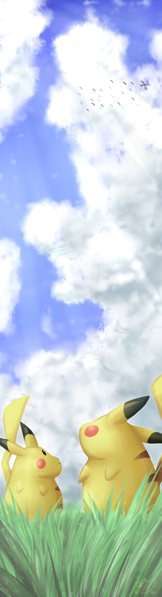 bird clouds fearow flying gouguru grass pikachu pokemon sky spearow