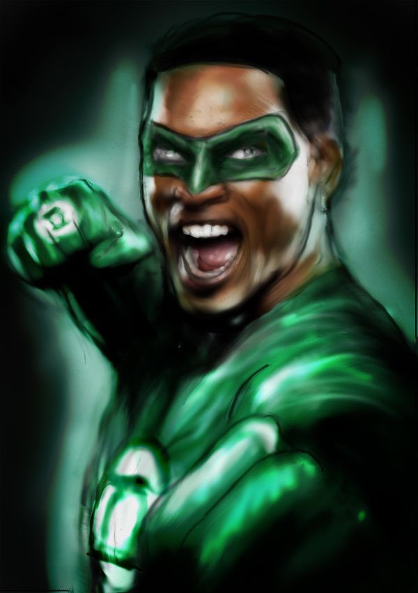 1boy bodysuit dark_skin dc_comics domino_mask fist green_lantern green_lantern_(series) jewelry john_stewart male_focus mask open_mouth pale_eyes ring solo