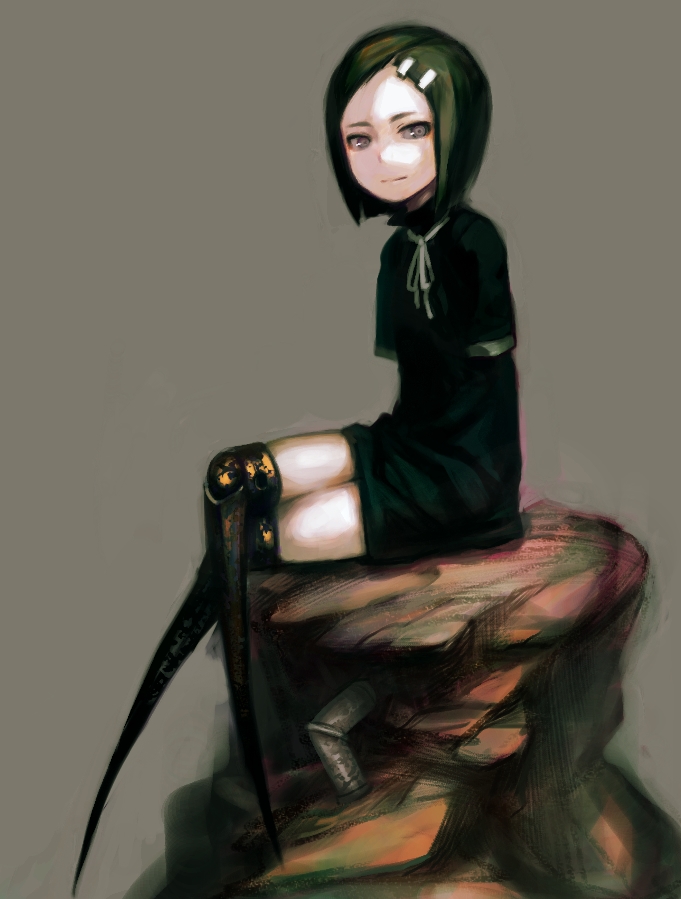 1girl amputee armless black_hair female hair_ornament hairclip legs_crossed looking_at_viewer original prosthesis quadruple_amputee short_hair simple_background sitting smile solo sugimoto_gang zettai_ryouiki