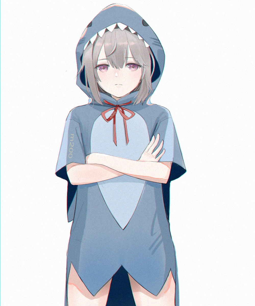 1girl animal_hood bangs blush character_name chilli_646 closed_mouth crossed_arms eyebrows_visible_through_hair feet_out_of_frame girls_frontline grey_hair highres hood long_hair looking_at_viewer m200_(girls'_frontline) shark_hood solo standing upper_body violet_eyes white_background