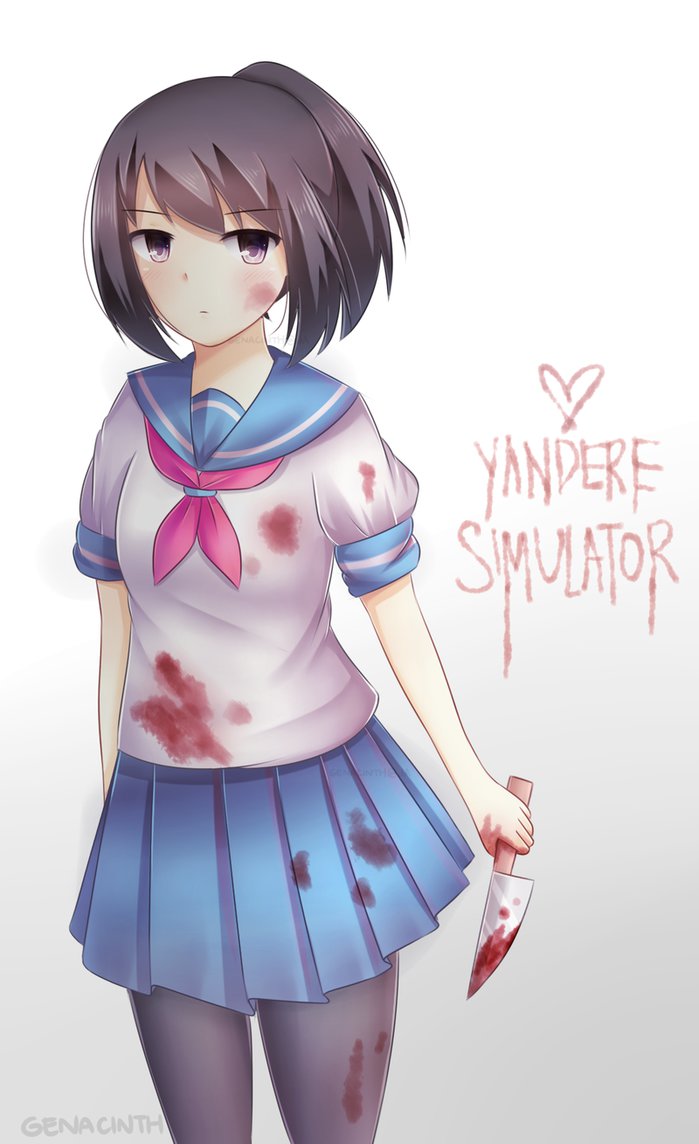 1girl black_eyes black_hair blood_stains genacinth heart knife necktie ponytail short_hair skirt solo source_request tagme tights yandere yandere-chan yandere_simulator