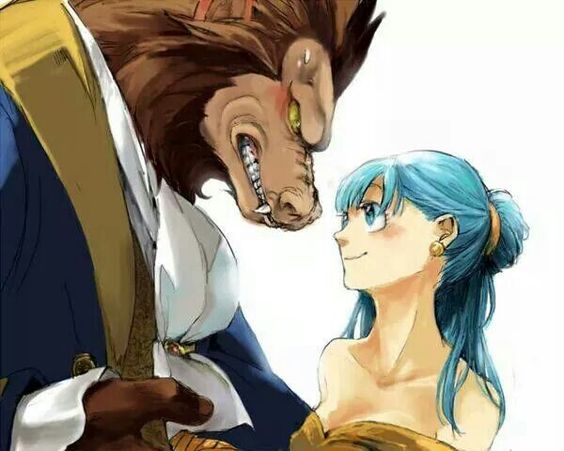 1boy 1girl aqua_eyes aqua_hair artist_request bare_shoulders beast_(disney) beast_(disney)_(cosplay) beauty_and_the_beast belle_(disney) belle_(disney)_(cosplay) blush bulma collarbone cosplay couple disney dragon_ball dragonball_z dress earrings eye_contact fang jewelry long_hair looking_at_another monster neck off-shoulder_dress off_shoulder parody smile upper_body vegeta yellow_dress