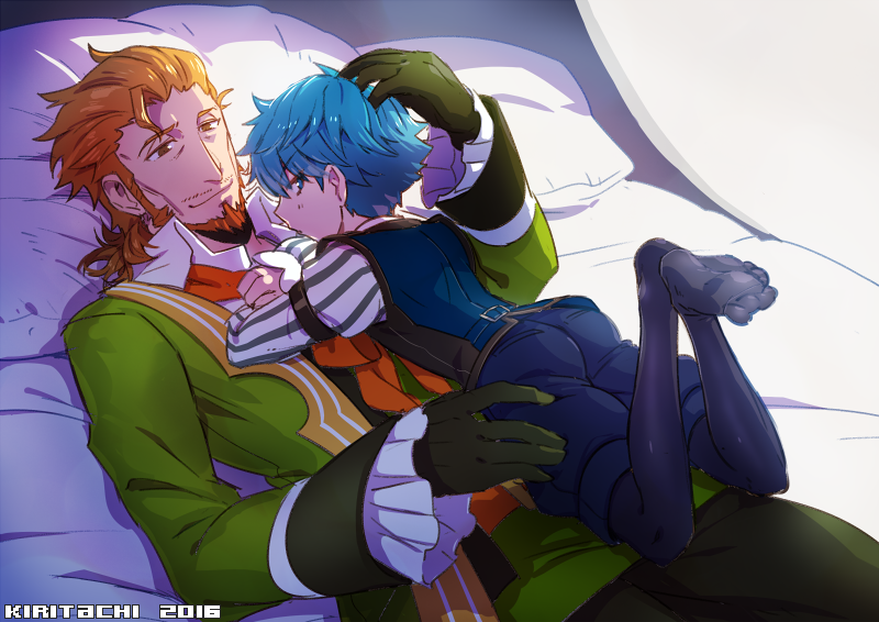 2boys age_difference bed blue_hair fate/grand_order fate_(series) feet male_focus multiple_boys size_difference tagme yaoi