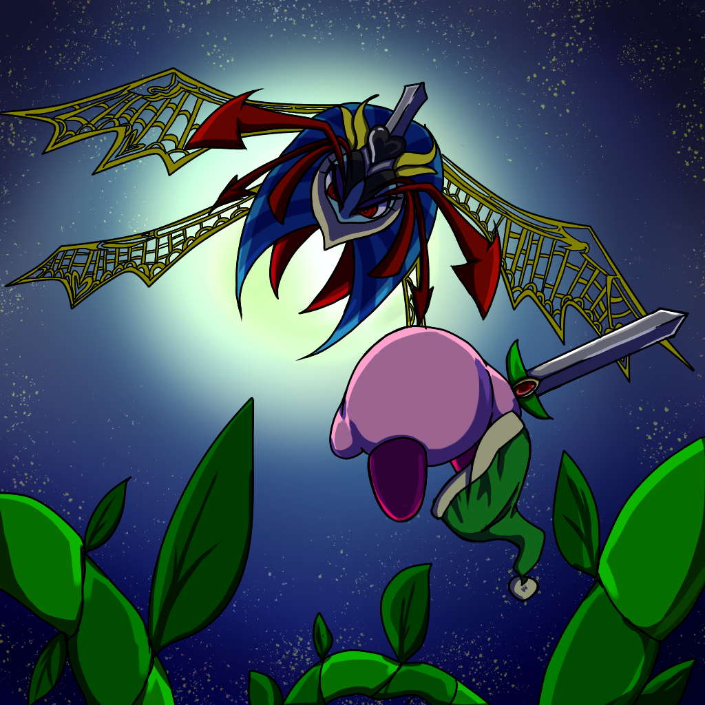 angry antenna attack battle blue_skin crown hat hat_removed headwear_removed kirby kirby_(series) kirby_triple_deluxe looking_at_another looking_down night nintendo queen_sectonia red_eyes ringed_eyes sectonia_soul spoilers vines wings