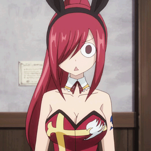 1girl animal_ears animated animated_gif bangs blinking breasts brown_eyes bunnysuit cleavage collar cross detached_collar erza_scarlet fairy_tail hair_ornament hair_over_one_eye high_ponytail indoors large_breasts leotard long_hair looking_at_viewer no_bra open_mouth ponytail rabbit_ears redhead solo tattoo wall