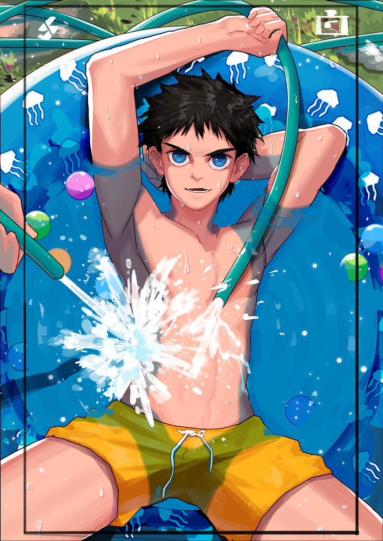 abs black_hair blue_eyes grass looking_at_viewer male_focus multiple_boys muscle naughty_face nipples outdoors pool shota summer topless water