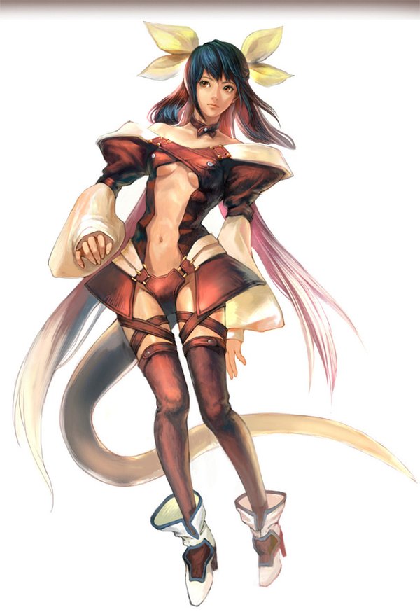 1girl asymmetrical_wings bare_shoulders black_legwear blue_hair breasts choker collarbone detached_sleeves dizzy feathered_wings feathers full_body green_wings guilty_gear guilty_gear_x guilty_gear_xx hair_ribbon hair_rings long_hair long_sleeves midriff navel red_eyes ribbon solo standing tail tail_ribbon thigh-highs twintails under_boob white_wings wings yellow_ribbon
