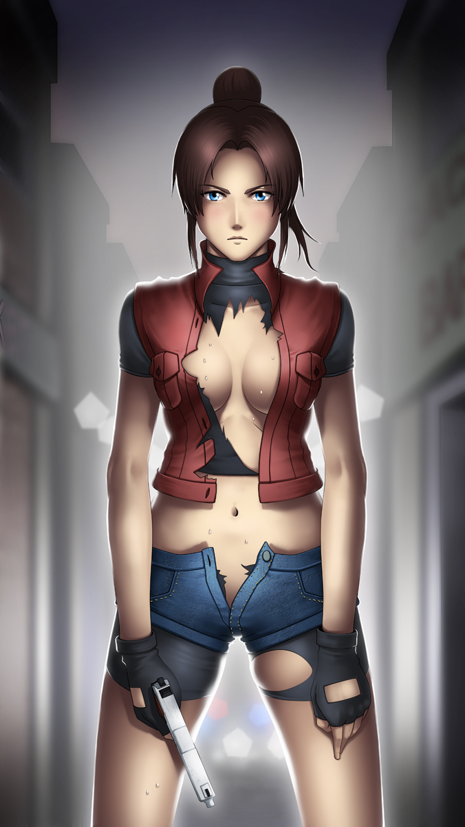 1girl bike_shorts blue_eyes blush breasts brown_hair capcom claire_redfield fingerless_gloves gloves gun highres holding holding_gun holding_weapon jacket large_breasts legs long_hair looking_at_viewer midriff navel no_bra outdoors ponytail resident_evil resident_evil_2 serious short short_shorts short_sleeves shorts solo standing sweat thighs thor_(deep_rising) torn_clothes weapon