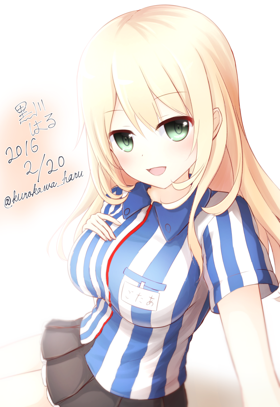 1girl atago_(kantai_collection) blonde_hair breasts employee_uniform green_eyes hand_on_own_chest highres kantai_collection kurokawa_haru large_breasts lawson name_tag open_mouth shirt smile solo uniform