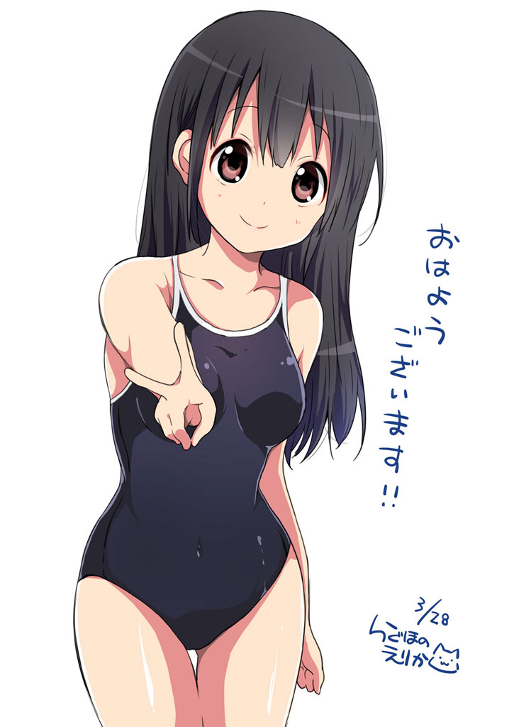 1girl :&gt; artist_name bare_shoulders black_hair breasts brown_eyes clenched_hand collarbone competition_school_swimsuit covered_navel dated japanese long_hair looking_at_viewer one-piece_swimsuit original ragho_no_erika school_swimsuit shiny shiny_skin simple_background skin_tight smile solo standing swimsuit thigh_gap v white_background