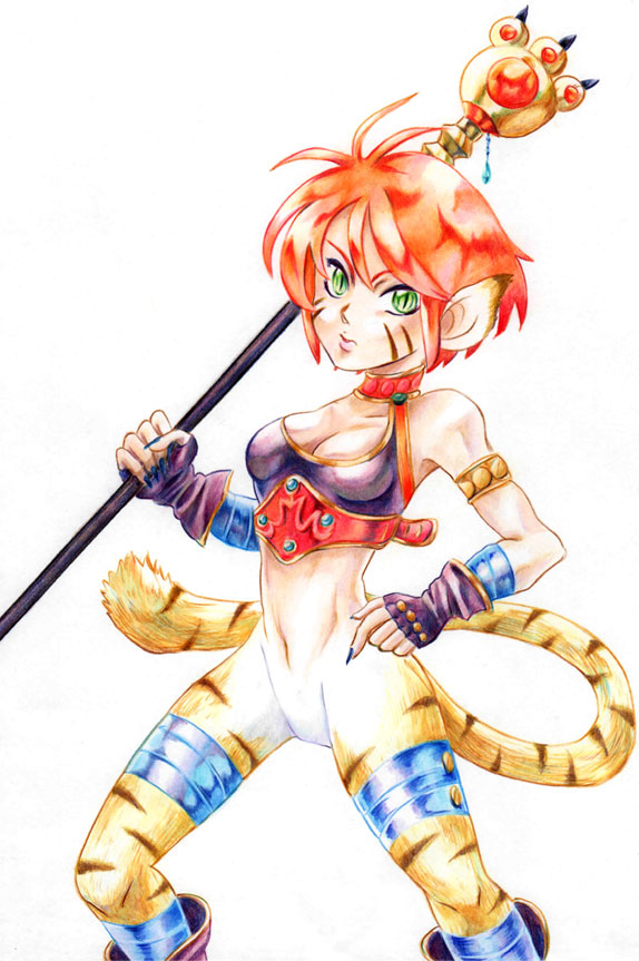 1girl animal_ears breasts breath_of_fire breath_of_fire_ii bustier cat_ears cat_tail claws cleavage facial_mark full_body furry gloves green_eyes no_panties no_pants orange_hair pointy_ears redhead rinpoo_chuan short_hair solo staff striped tail white_background