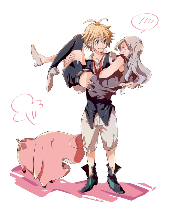 1boy 1girl animal bent_knees black_vest blonde_hair boots carry carrying elizabeth_liones hawk_(nanatsu_no_taizai) long_hair meliodas nanatsu_no_taizai pig princess_carry shoes short_hair thigh-highs vest