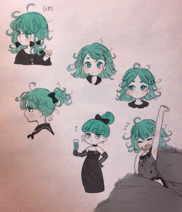 1girl dress earrings green_eyes green_hair jewelry one-punch_man tatsumaki traditional_media yawn