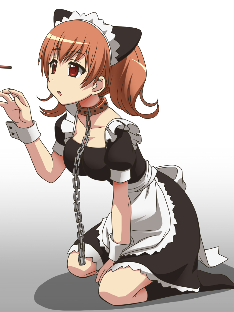 1girl awa breasts brown_hair chains collar feet inu_x_boku_ss kneeling legs looking_away maid maid_headdress no_shoes open_mouth parted_lips red_eyes roromiya_karuta serious simple_background sitting slave socks solo thighs white_background wrist_cuffs