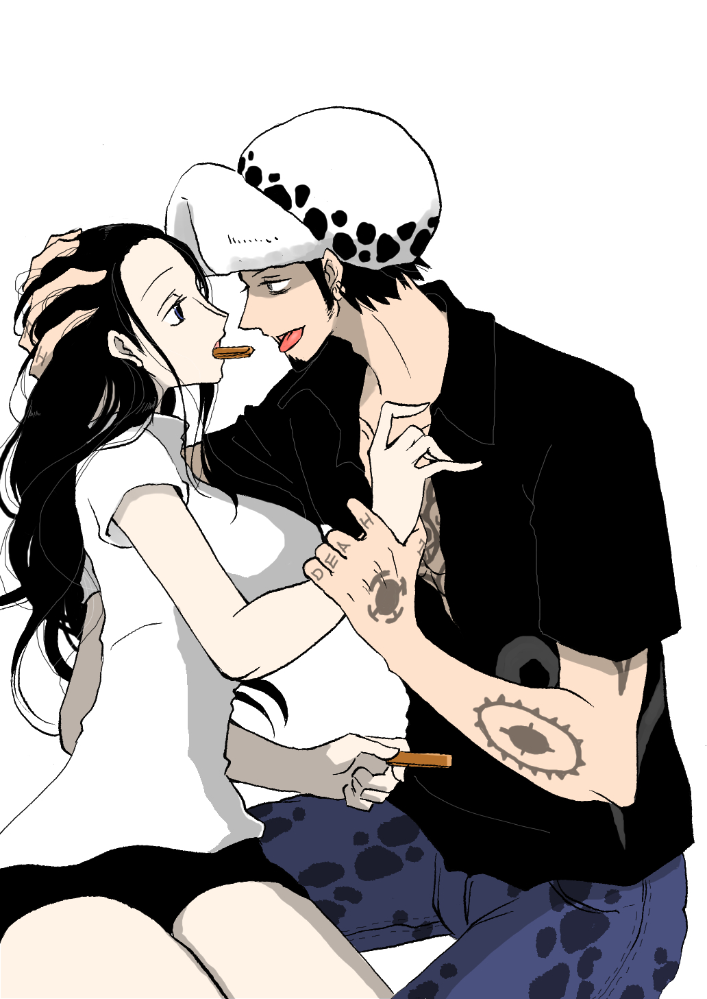 1boy 1girl artist_request black_hair couple facial_hair goatee hat light_background long_hair nico_robin one_piece open_mouth short_hair simple_background tattoo tongue trafalgar_law white_background