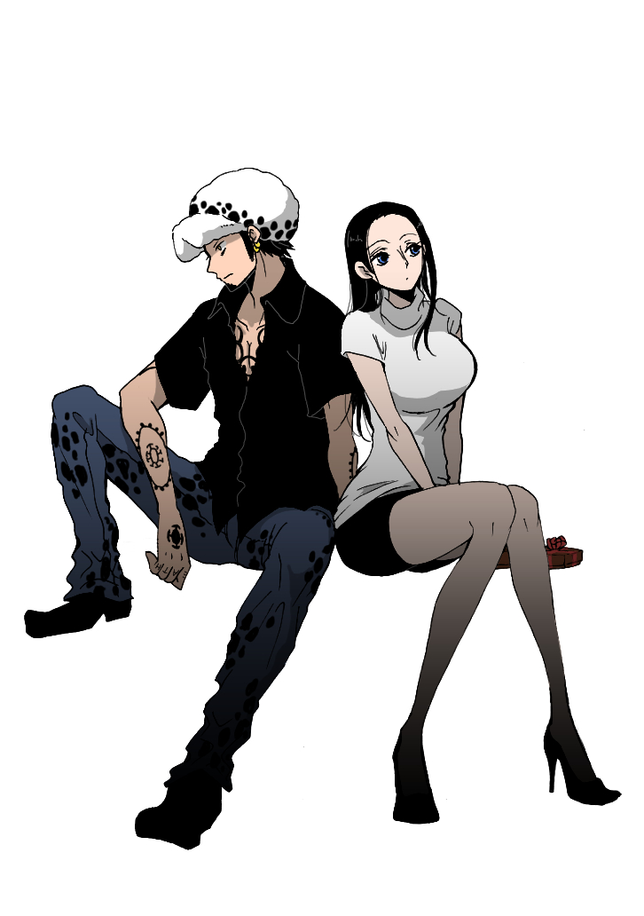 1boy 1girl artist_request bent_knees black_hair blue_eyes body_piercing couple earrings facial_hair gift goatee hat jewelry light_background long_hair nico_robin one_piece short_hair simple_background sitting tattoo trafalgar_law white_background