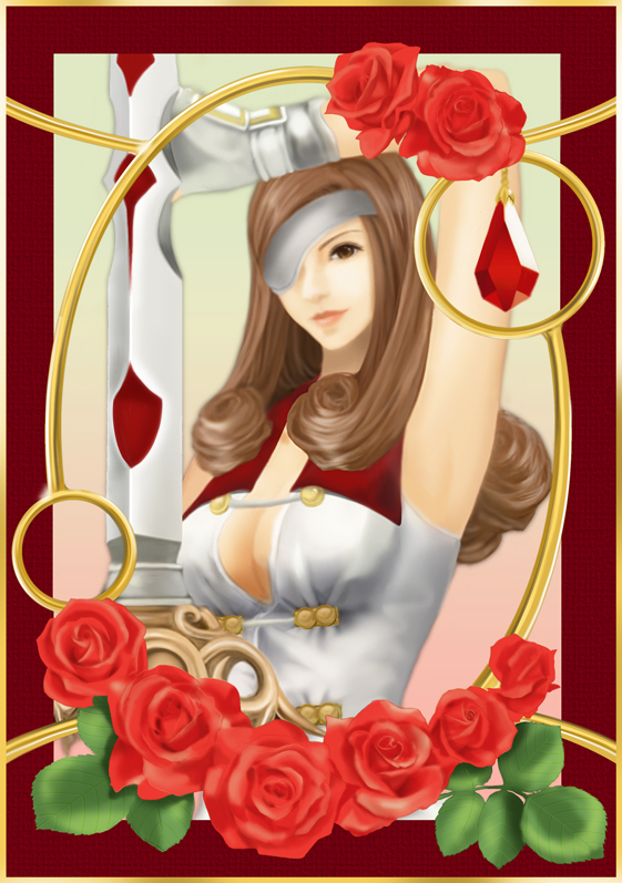 1girl arm_up armor beatrix breasts brown_eyes brown_hair cleavage closed_mouth eyepatch final_fantasy final_fantasy_ix gloves long_hair red_rose rose save_the_queen solo sword upper_body weapon