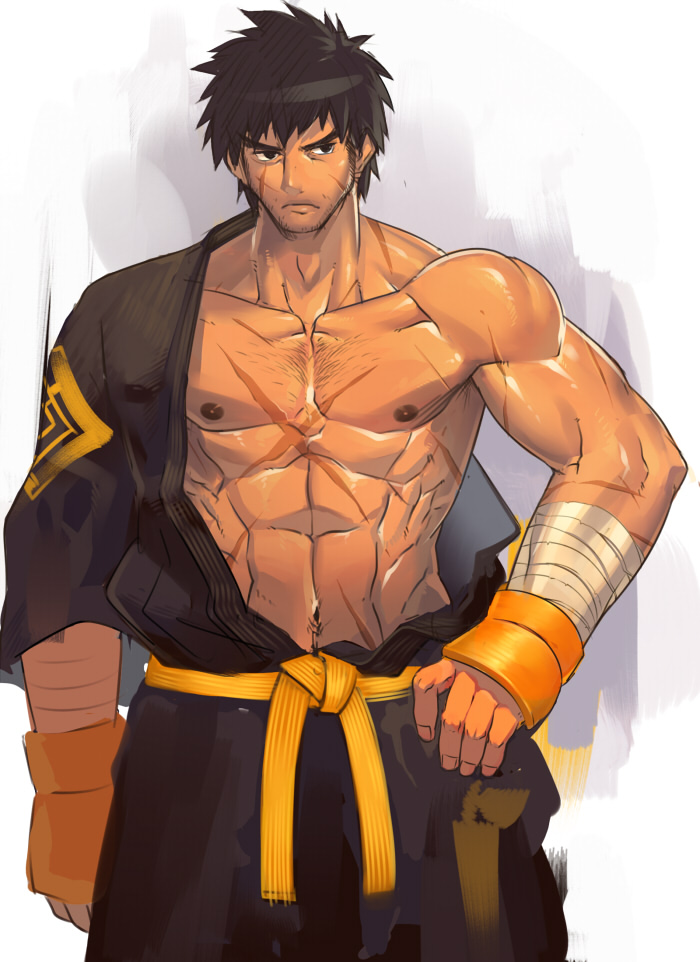 1boy abs bara body_hair brown_hair dungeon_&amp;_fighter dungeon_and_fighter grappler_(dungeon_&amp;_fighter) male_fighter_(dungeon_and_fighter) male_focus muscle nikism nipples pecs scar solo tagme undressing
