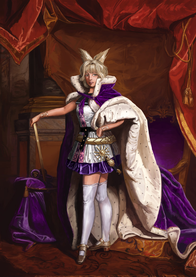 1girl amibazh armchair blonde_hair cape carpet chair closed_mouth commentary_request curtains dress earmuffs fine_art_parody full_body hair_intakes hand_on_hip high_heels holding parody pointy_hair portrait_de_louis_xiv ribbon royal_robe sash shade shoes short_dress solo standing sword tassel thigh-highs touhou toyosatomimi_no_miko weapon white_legwear wristlet yellow_eyes yellow_shoes