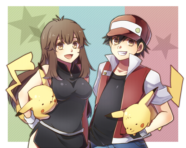 1boy 1girl 90s black_hair blue_(pokemon) blue_(pokemon)_(classic) brown_eyes brown_hair dress hat long_hair mokorei pikachu pokemon pokemon_(game) pokemon_rgby red_(pokemon) red_(pokemon)_(classic)