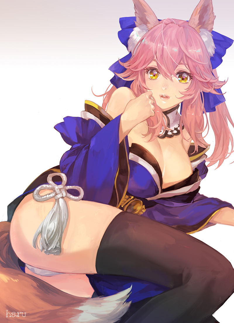 1girl animal_ears ass bell bell_collar blue_legwear breasts collar detached_sleeves fate/grand_order fate_(series) fox_ears fox_tail hair_ribbon harupy japanese_clothes large_breasts lips looking_at_viewer lying on_side parted_lips pink_hair ribbon tail tamamo_(fate)_(all) tamamo_no_mae_(fate) thigh-highs thighs yellow_eyes