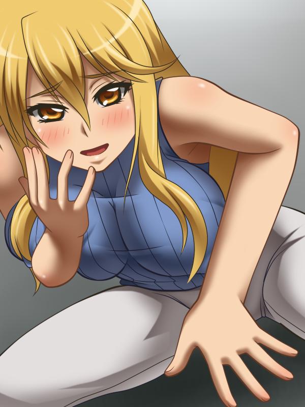 1girl awa bare_arms bare_shoulders blonde_hair blush breast_press breasts eyebrows eyebrows_visible_through_hair highschool_of_the_dead large_breasts legs long_hair looking_at_viewer marikawa_shizuka open_mouth parted_lips simple_background sitting sleeveless sleeveless_sweater smile solo thighs yellow_eyes