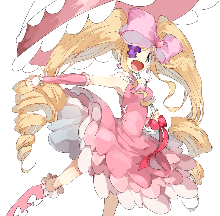 1girl artist_request bare_legs bare_shoulders blonde_hair boots breasts dress drill_hair eyepatch female frilled_skirt frilled_umbrella frills hair_ribbon harime_nui kill_la_kill pink_boots pink_dress ribbon simple_background skirt solo twin_drills umbrella very_long_hair white_background wristband