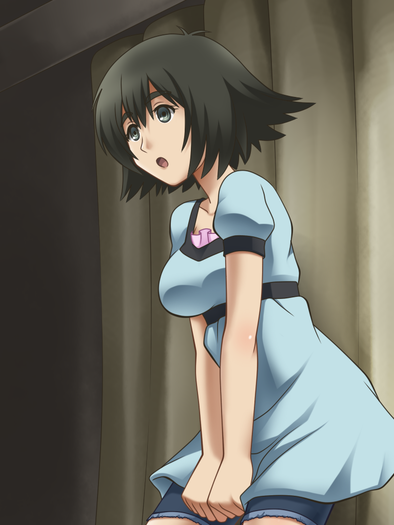 1girl 5pb. :o awa black_eyes black_hair breasts dress eyebrows eyebrows_visible_through_hair legs looking_away nitroplus open_mouth parted_lips science_adventure serious shiina_mayuri short_hair short_sleeves shorts solo standing steins;gate thighs