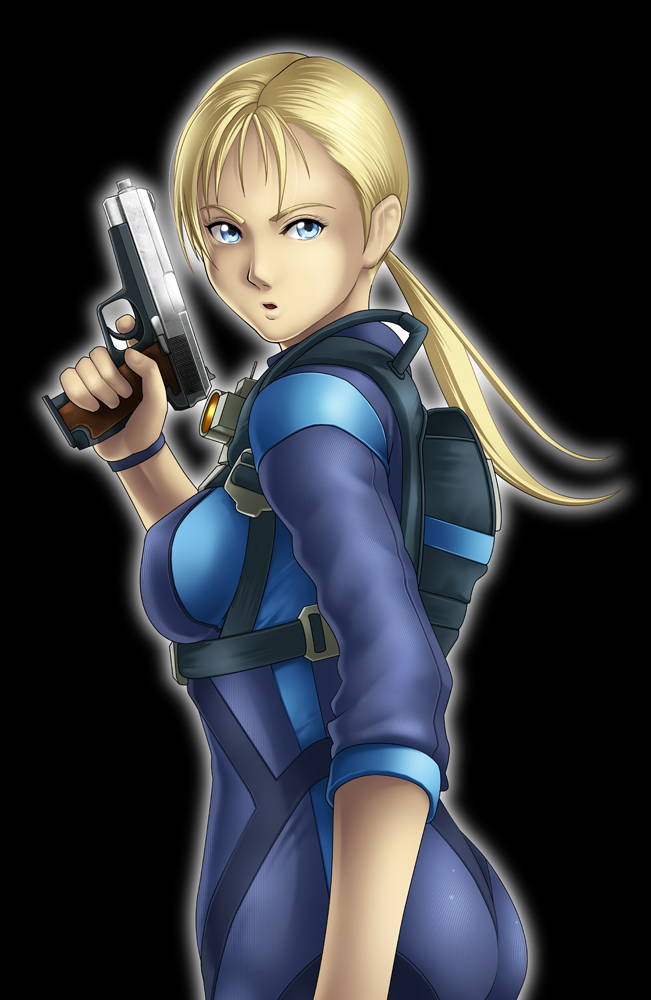 1girl ass bag black_background blonde_hair blue_eyes bodysuit breasts capcom gun highres holding holding_gun holding_weapon jill_valentine large_breasts long_hair long_sleeves looking_at_viewer parted_lips ponytail resident_evil resident_evil_5 serious sideboob simple_background solo standing thor_(deep_rising) upper_body weapon