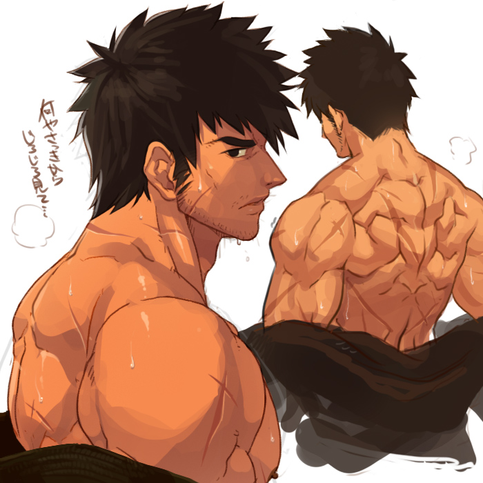 1boy abs bara body_hair brown_hair male_focus muscle nikism nipples pecs scar solo tagme undressing