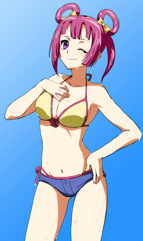 bikini bow breasts cleavage rin_kaiho smile swimsuit tag_force tagme violet_eyes wink yu-gi-oh!