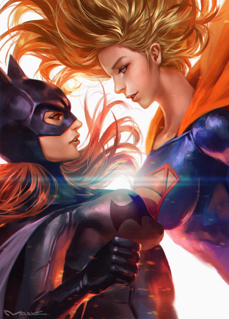 2girls batgirl batman_(series) blonde_hair breasts brown_hair cape dc_comics kamiyamark kryptonian mask multiple_girls supergirl superman_(series)