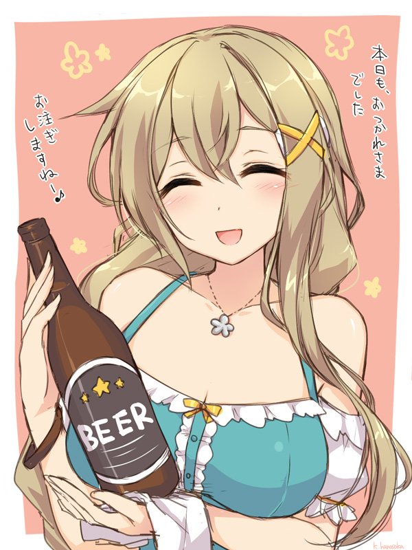 1girl alcohol beer bottle breasts closed_eyes iida_chiyoko jewelry large_breasts long_hair necklace open_mouth ring_dream smile translation_request