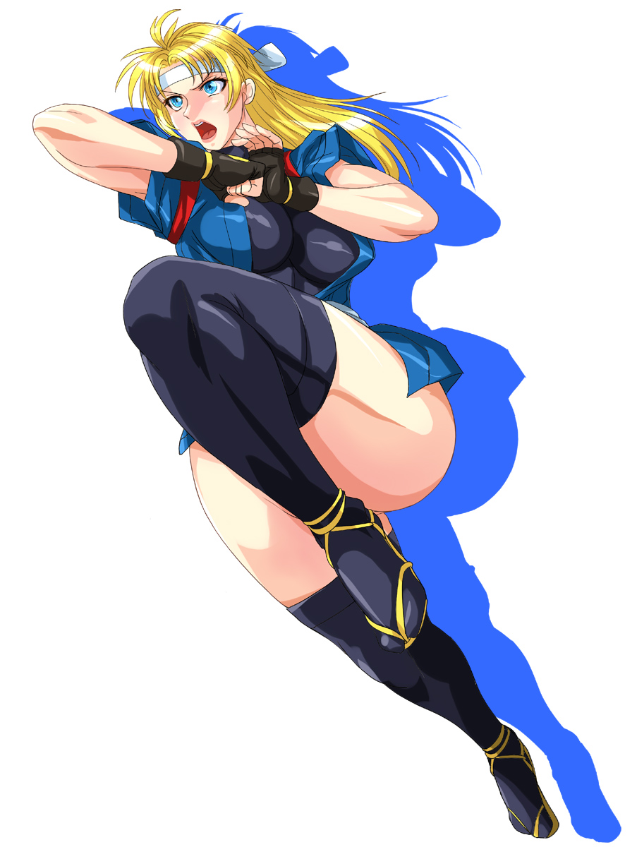 1girl blonde_hair blue_eyes breasts female headband japanese_clothes large_breasts leotard martial_champion racheal thigh-highs
