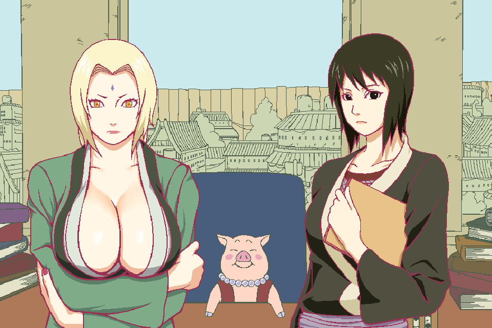 2girls breasts cleavage huge_breasts multiple_girls nail_polish naruto pig roro shizune_(naruto) tsunade
