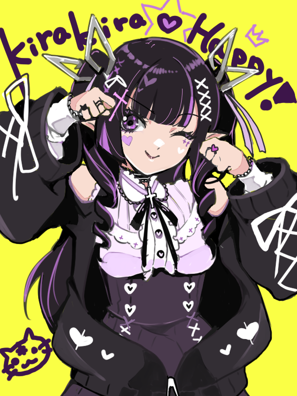 1girl alternate_costume alternate_eye_color bangs black_hair black_jacket black_ribbon breasts closed_mouth commentary_request cowboy_shot cross demon_girl demon_horns dress heart heart_ring horns jacket jewelry kojo_anna long_hair long_sleeves looking_at_viewer medium_breasts multicolored_hair neck_ribbon panyatteria paw_pose pointy_ears purple_dress purple_hair ribbon ring sleeveless sleeveless_dress smile solo sugar_lyric twintails two-tone_hair violet_eyes virtual_youtuber yellow_background