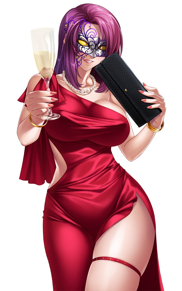 1girl bracelet breasts cup curvy dress drinking_glass evening_gown feet_out_of_frame female fingernails garter glass holding holding_cup holding_drink holding_glass jewelry kagami_hirotaka koukawa_oboro large_breasts lilith-soft lipstick makeup mask nail_polish necklace oboro_(taimanin_asagi) parted_lips pearl_necklace purple_hair red_dress side_slit simple_background smile solo tagme taimanin_asagi taimanin_asagi_battle_arena thigh_strap white_background wide_hips