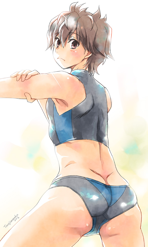 1boy ass brown_eyes brown_hair from_behind hai_to_gensou_no_grimgar haruhiro_(grimgar) male_swimwear short_hair swim_briefs swimsuit swimwear tank_top torajimaneko