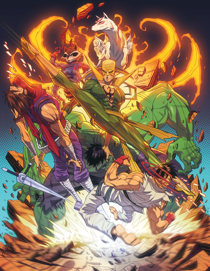 5boys amaterasu aura battle capcom fire green_skin guardians_of_the_galaxy hulk kick marvel marvel_vs._capcom mask multiple_boys ookami_(game) rocket_raccoon ryuu_(street_fighter) scarf street_fighter strider_(video_game) strider_hiryuu tradd_moore wolf