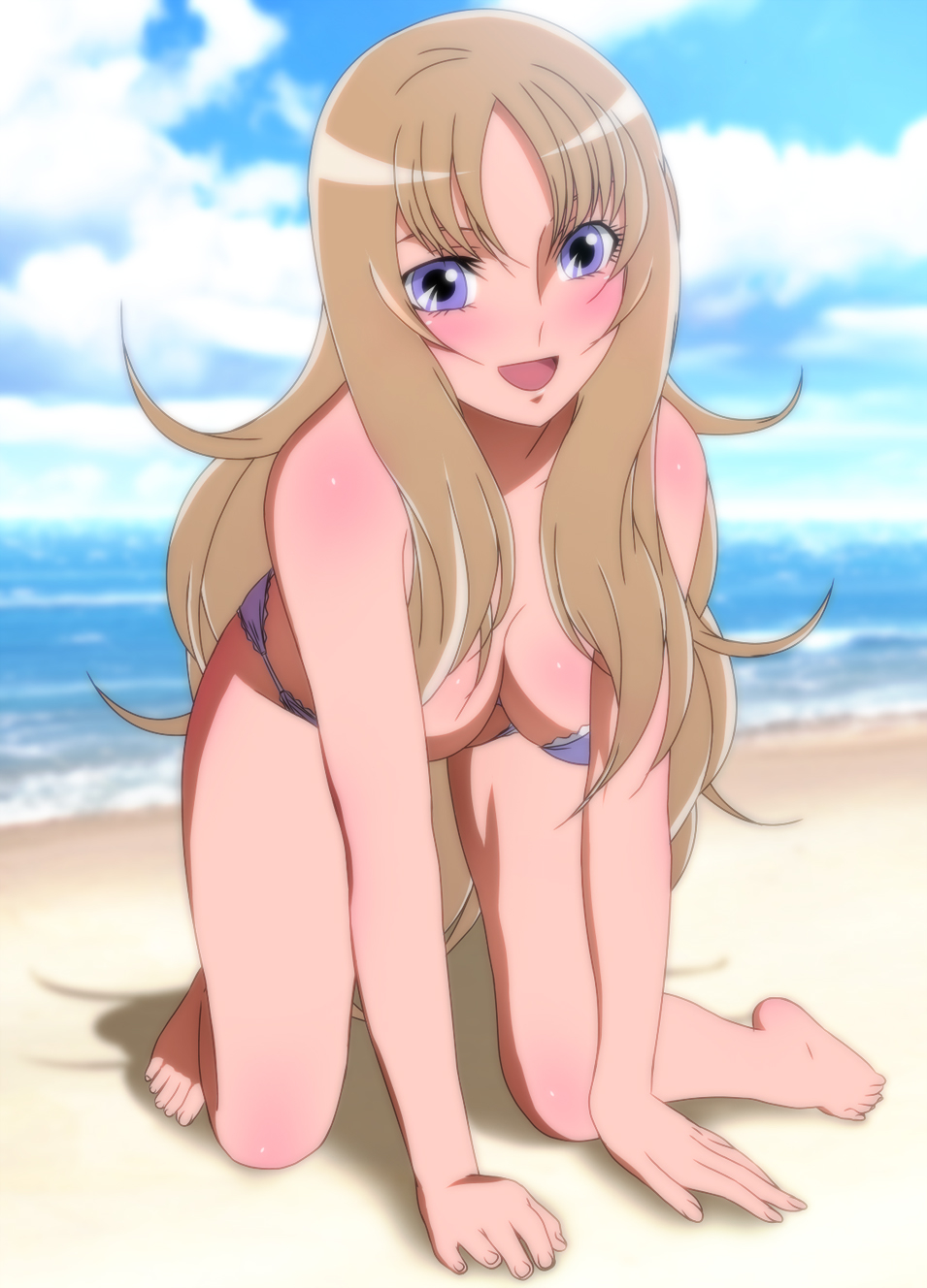 1girl all_fours aquila_yuna bare_arms bare_legs bare_shoulders barefoot beach bikini blonde_hair blue_eyes blush breasts brown_hair cleavage collarbone feet hanging_breasts happy highres legs long_hair looking_at_viewer medium_breasts ocean open_mouth outdoors purple_bikini saint_seiya saint_seiya_omega sky smile solo swimsuit thighs toes water yadokari_genpachirou