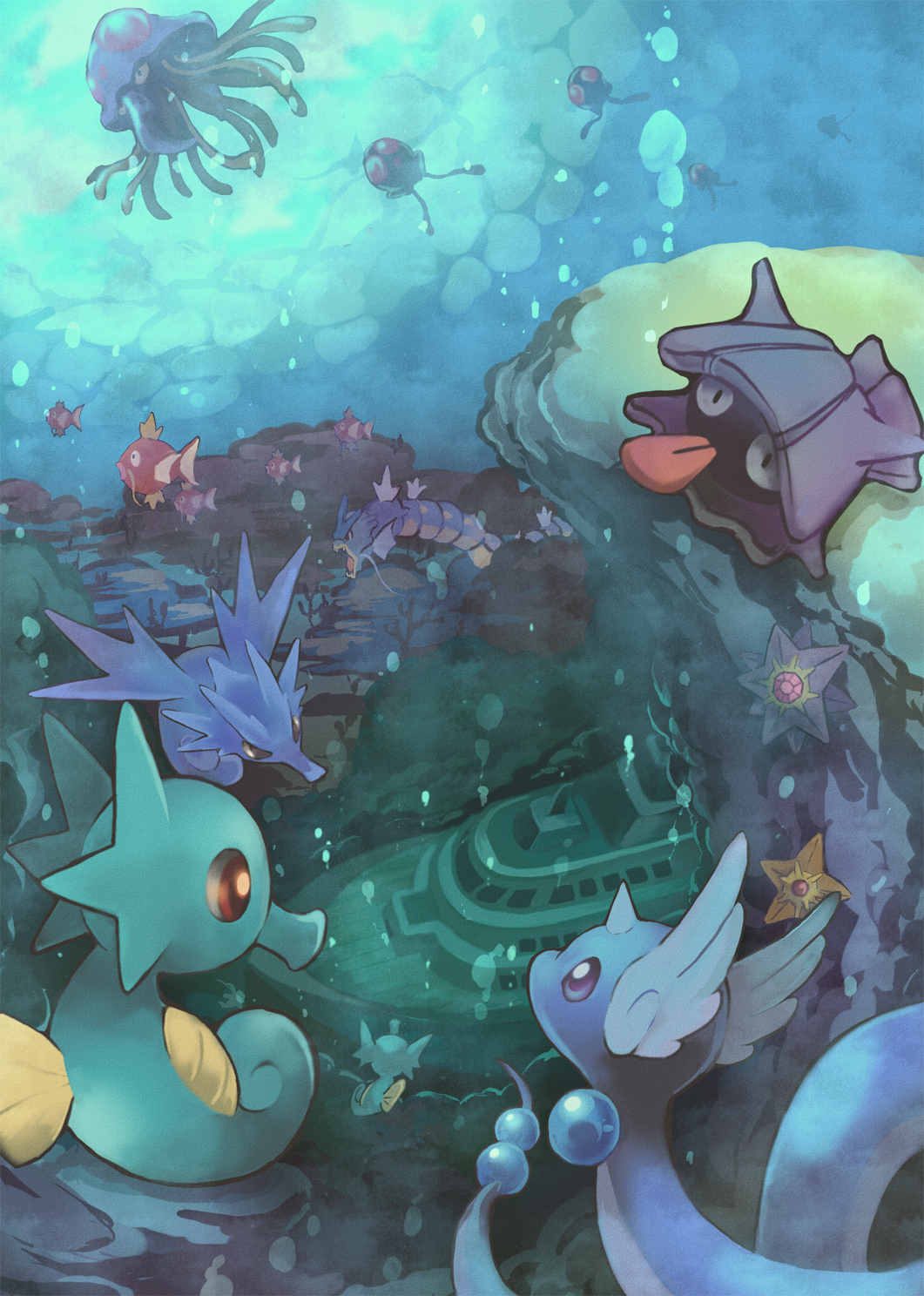 bubbles dragonair gyarados highres horsea magikarp pokemon seadra shellder ship shipwreck starmie staryu tentacool tentacruel toneko underwater water watercraft