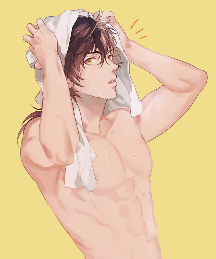 1boy abs looking_at_viewer male_focus multicolored_hair muscle pecs solo touken_ranbu towel